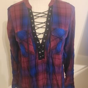 Express Plaid Lace-Up Blouse in Purple and Blue